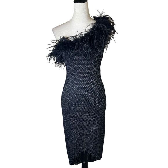Y2K Feather Trim One Shoulder Dress Black Mesh Sparkle Party Retro Glam Small - Picture 1 of 8